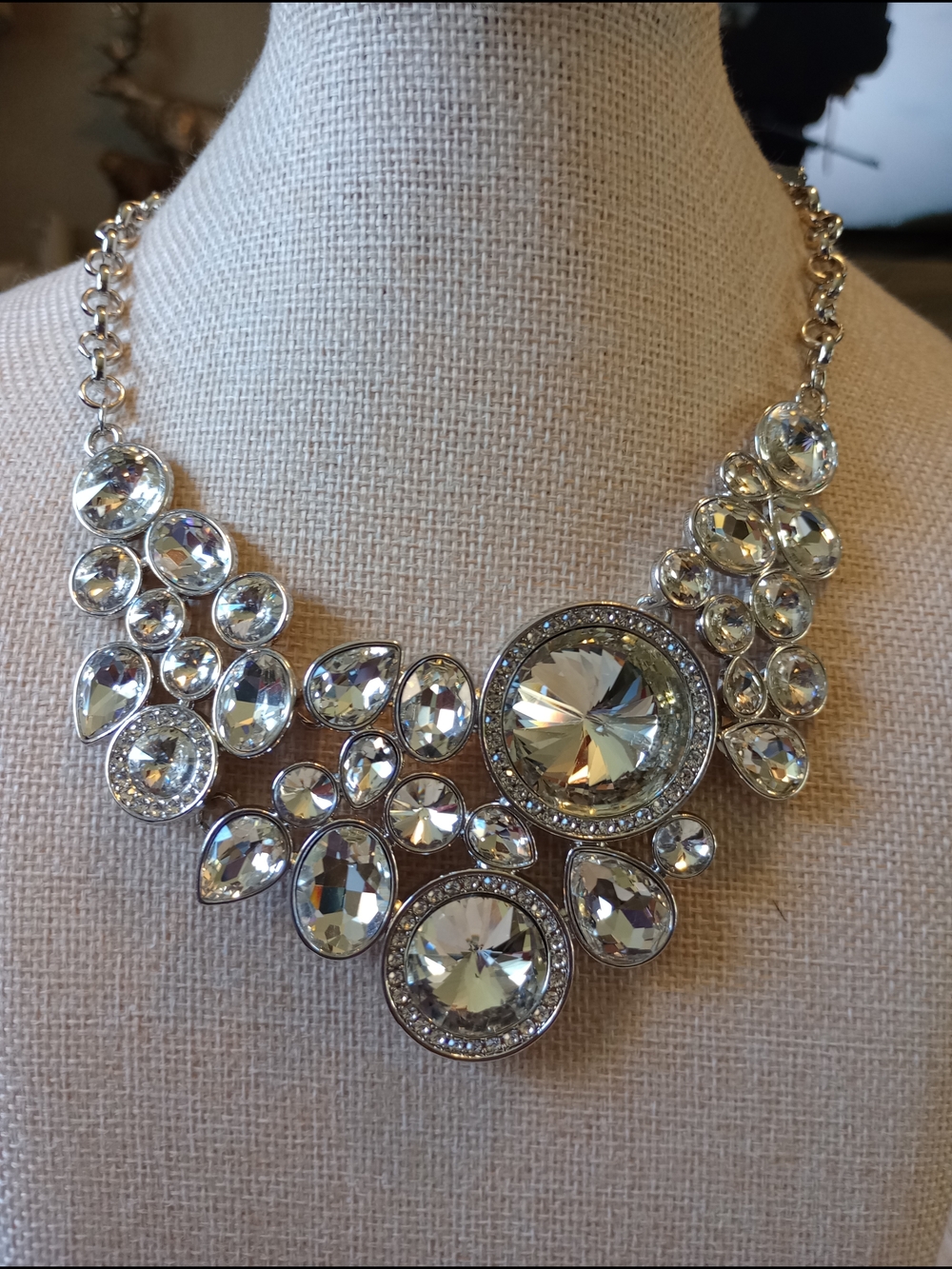 Vintage Zi- Crystal Bib Necklace - Clear/Silver